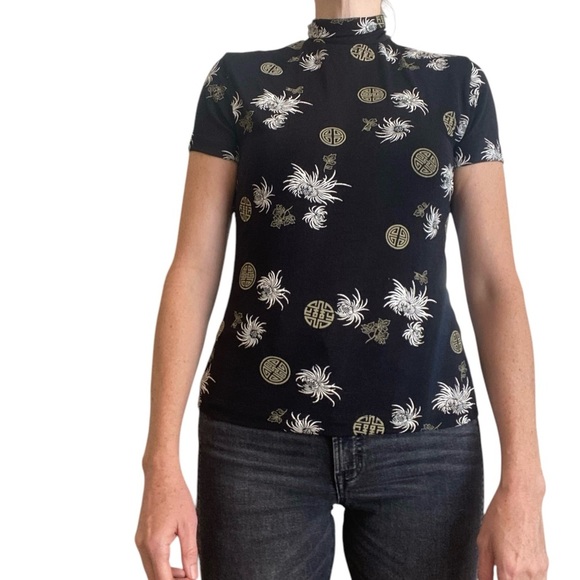 Frazier Lawrence Womens Slinky Asian Print Black Y2k Turtleneck Top Size Medium - Picture 2 of 9